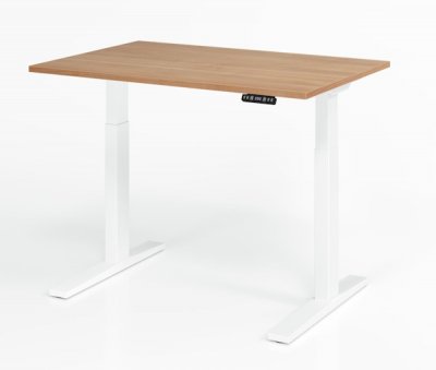 Schreibtisch 120 x 80 cm elektrisch höhenverstellbar Gestell Weiß Tischplatte Nussbaum